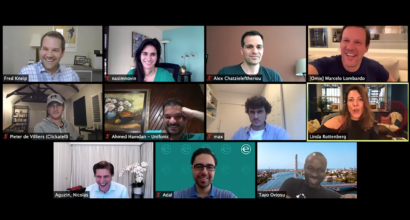 Screenshot of the virtual Outliers event showing eleven entrepreneurs in a zoom grid.